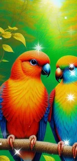 Two vibrant parrots perched on a branch in a lush forest.