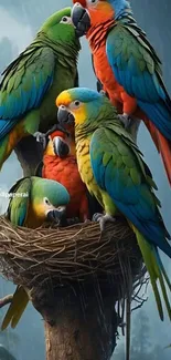 Vibrant parrots perched on a nest in a lush forest.