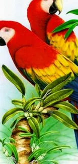 Two vibrant parrots on a leafy branch with bright red, yellow, and blue feathers.