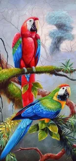 Two vibrant parrots on a lush tropical branch.