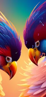 Vibrant wallpaper featuring colorful parrots with intricate feather details.