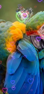 Colorful macaws cuddling on a perch.