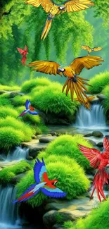 Bright tropical birds flying over a lush green forest landscape with a waterfall.