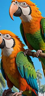 Illustration of two colorful parrots perched on a branch in a tropical setting.