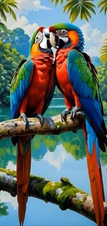 Two vibrant parrots perched in a lush tropical setting.