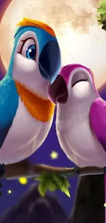 Colorful parrots cuddled under a full moon in a vibrant mobile wallpaper.