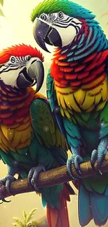 Two vibrant parrots perched on a branch in a colorful artistic wallpaper.