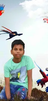 Vibrant mobile wallpaper of colorful parrots flying above a seated child.