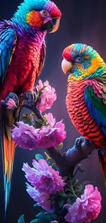 Two colorful parrots perched on a branch with pink flowers.