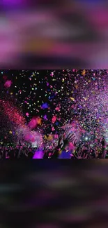 Bright and colorful confetti shower over a lively crowd.