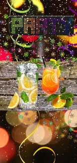 Vibrant party wallpaper with colorful drinks and festive lights.