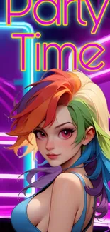 Colorful anime character with rainbow hair on neon background.