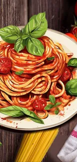 Artistic spaghetti with basil and tomatoes; vibrant and colorful food design.