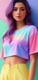 Pastel aesthetic art wallpaper featuring a stylish woman on a vibrant gradient background.