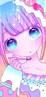 Colorful pastel anime girl with blue eyes and vibrant design.