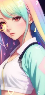 Anime character with pastel rainbow hair and vibrant symbols.