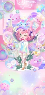 Vibrant pastel wallpaper with colorful hearts and a character.