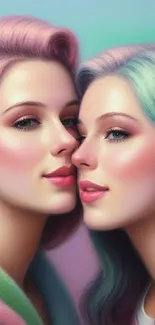 Artistic wallpaper of two women in pastel colors.