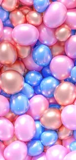 Vibrant pastel balloons in pink, blue, and gold hues.