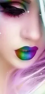 Vibrant pastel makeup with rainbow lips on a phone wallpaper.