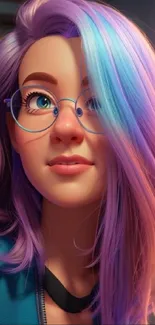 A colorful, pastel portrait of a character with vibrant hair and glasses.