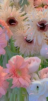 Soft pink and white flowers in full bloom creating a pastel floral wallpaper.