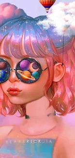 Girl with galaxy sunglasses in pastel colors, featuring cosmic elements.