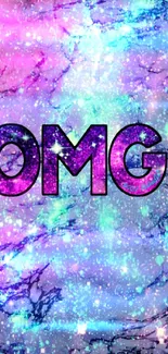 Colorful galaxy wallpaper with OMG text overlay.