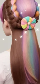 Vibrant pastel braided hair with colorful bow.