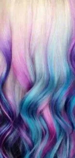 Vibrant mobile wallpaper with pastel blue, pink, and purple hair gradient.