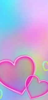 Vibrant pastel wallpaper with neon heart designs.