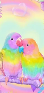 Vibrant pastel lovebirds with floral background.