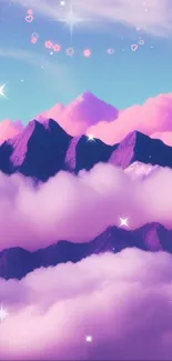 Pastel mountains with pink clouds and blue sky for mobile wallpaper.