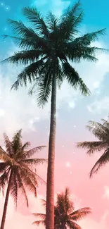 Tropical pastel palm tree wallpaper with vibrant blue and pink sky backdrop.