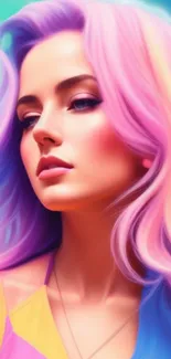 Vibrant pastel portrait of a woman in colorful hues.