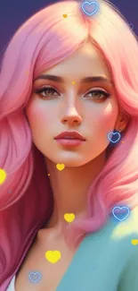 Portrait of serene woman with pink hair against a vibrant gradient background.