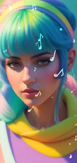 Vibrant pastel portrait with teal and rainbow hues.