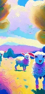 A vibrant and colorful sheep painting set in a pastel meadow landscape.