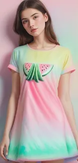 Colorful pastel mobile wallpaper with watermelon dress design.