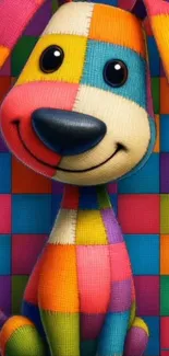 Colorful patchwork dog wallpaper design with vibrant squares.