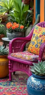 Vibrant patio garden with colorful furniture and plants.