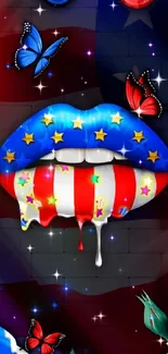 Vibrant patriotic lip art with butterflies and roses in a colorful design.