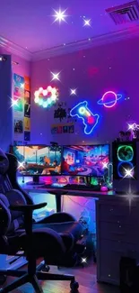 Gaming desk setup with neon lights and vibrant colors.