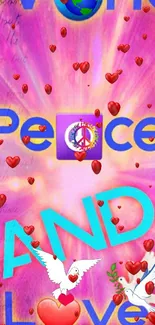 Colorful peace and love wallpaper with pink background and heart graphics.