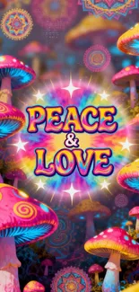 Psychedelic wallpaper with colorful mushrooms and 'Peace & Love' text.