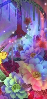 Colorful peace sign with vibrant flowers and butterfly.
