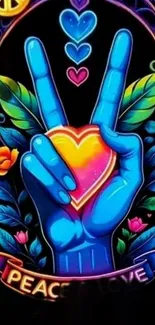 Colorful wallpaper with peace sign hand, heart, and flowers.