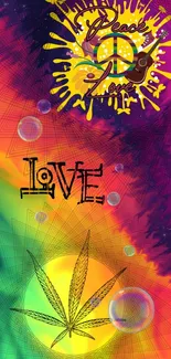 Colorful psychedelic wallpaper with peace and love art design.