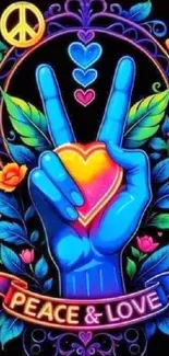 Vibrant hand gesture peace and love art with colorful floral accents.