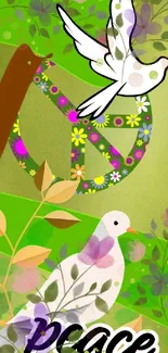 Peace dove wallpaper with vibrant flowers and a green background.